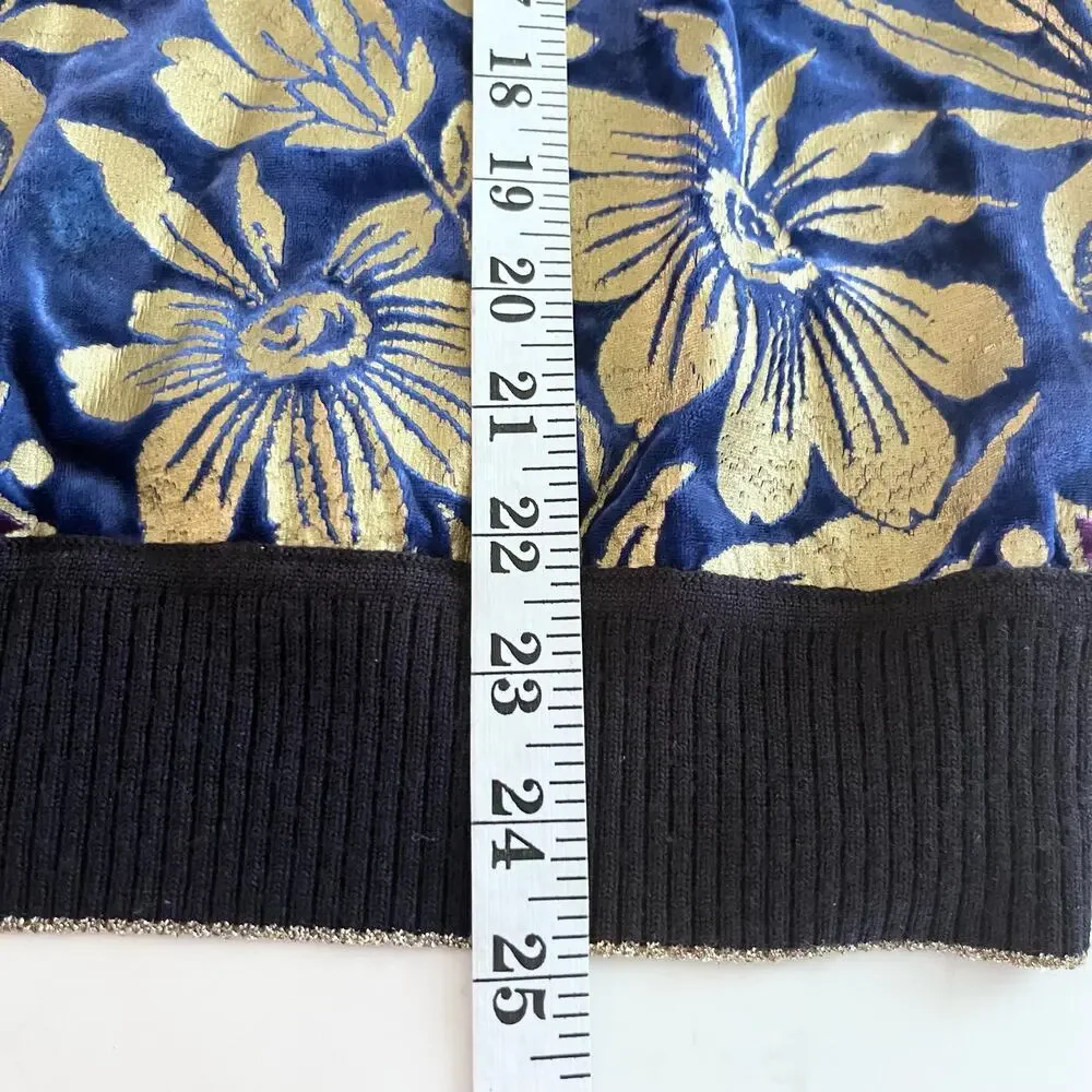 Tory Burch Hollis Floral Foil Print Velvet Front Navy Crewneck Sweater Size XL